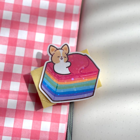 Sleepy Corgi Meets Rainbow Kueh Vinyl Sticker (SG60)