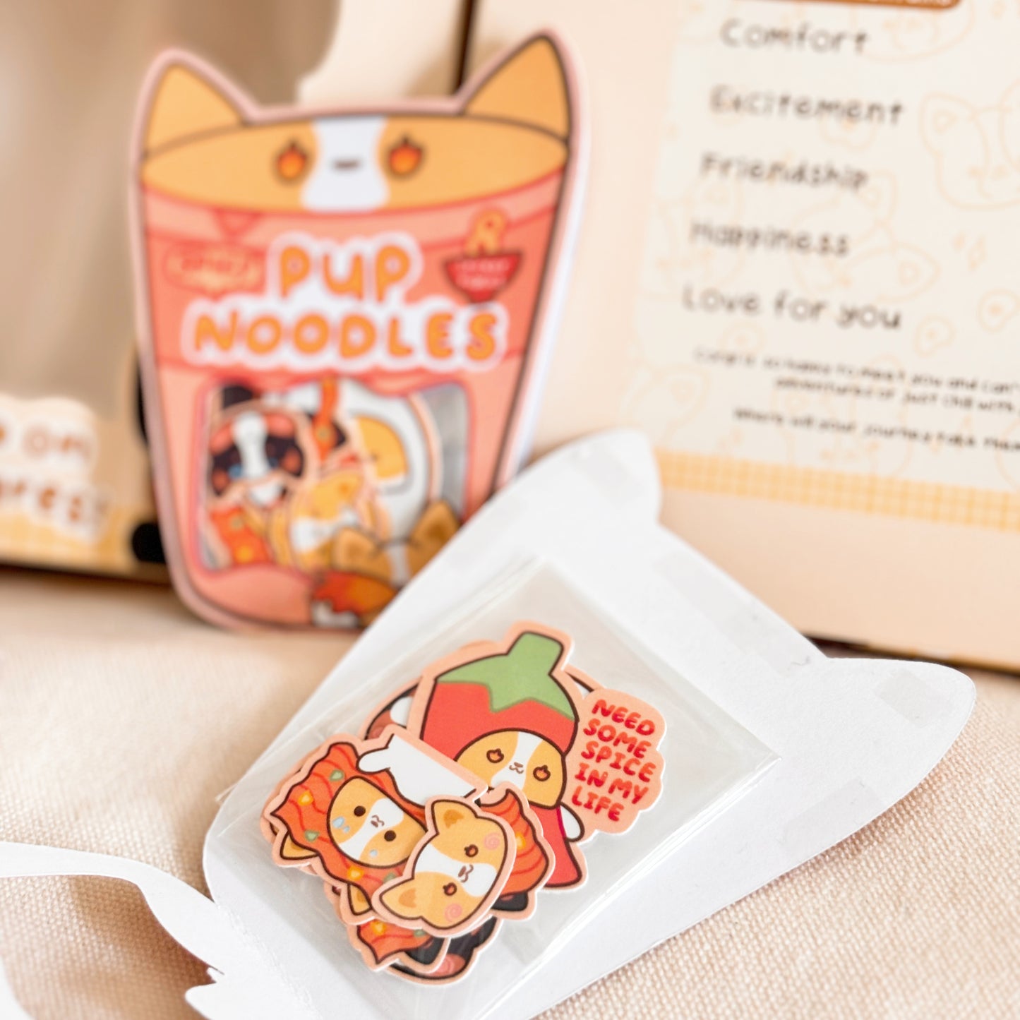 Spicy pup noodles sticker flakes